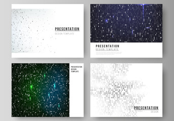 The minimalistic abstract vector layout of the presentation slides design business templates. Binary code background. AI, big data, coding or hacker concept, digital technology background.