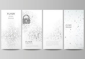 The minimalistic vector illustration of the editable layout of flyer, banner design templates. Binary code background. AI, big data, coding or hacker concept, digital technology background.