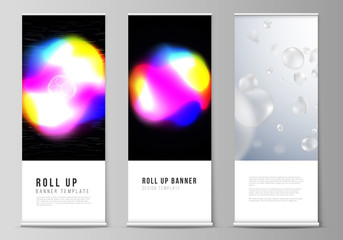 The vector layout of roll up banner stands, vertical flyers, flags design business templates. Sci-fi technology background. Abstract futuristic or medical consept backgrounds to choose from.