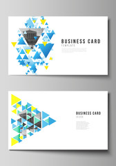 The minimalistic abstract vector illustration of the editable layout of two creative business cards design templates. Blue color polygonal background with triangles, colorful mosaic pattern.
