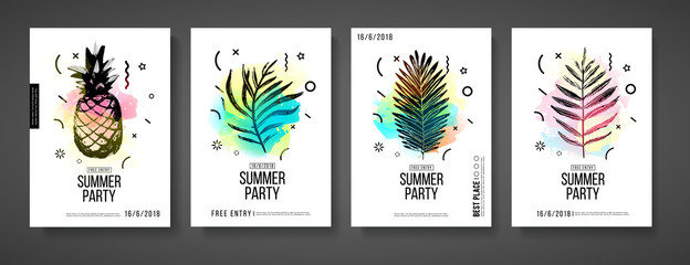 Fototapeta na wymiar Set layout modern poster design for a summer party. Template with a decoration silhouette of tropical plant, pinapple and palm leaves and watercolor spots for a summer event. Vector
