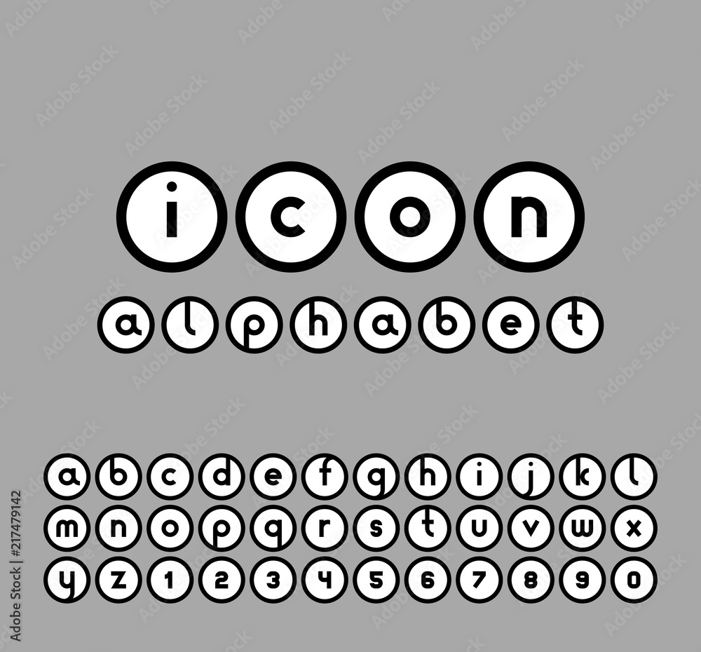 Poster Vector icons alphabet set. Collection of round logos. Font for your design.