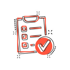 Vector cartoon checklist icon in comic style. Checklist, task list sign illustration pictogram. Survey business splash effect concept.