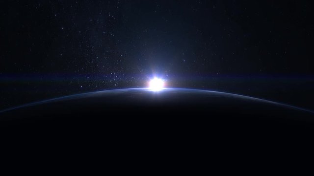 Sunrise over the Earth. Stars twinkle. The earth slowly rotates. Realistic atmosphere. Volumetric clouds. View from space. Starry sky. 4K.