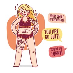 Design banner with plus size blonde girl. Poster with cartoon character of a woman. Fat girl with tattoo in swimsuit for body positive illustration. Female model overweight. Vector