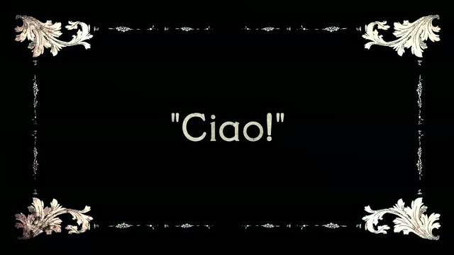 A re-created film frame from the silent movies era, showing intertitle greeting words: aloha (Hawaiian), ciao (Italian), hello (English, American), hola (Spanish), namaste (Indian).
