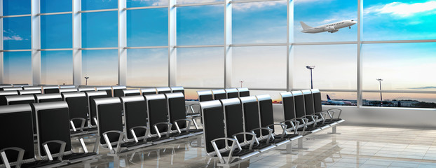 Air travel concept. Empty waiting seats in airport terminal, banner. 3d illustration