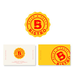 Bistro cafe logo. B letter with fork and spoon on yellow badge. Identity. Business card.