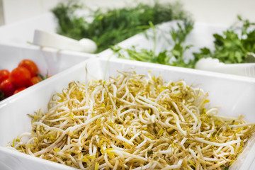 Open buffet in the hotel. Fresh cherry tomatoes, soybean sprouts, dill and parsley in white bowls