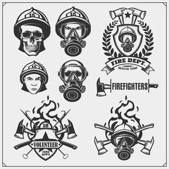 Set of firefighter emblems, labels and design elements. Vector monochrome illustration.