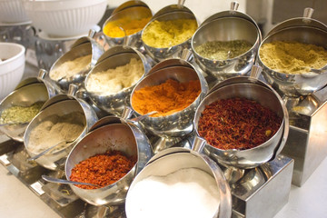 Variety of dry spices and herbs at hotel