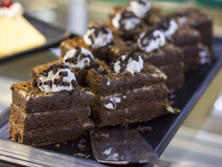 Chocolate cake with white chocolate shaving on a silver tray