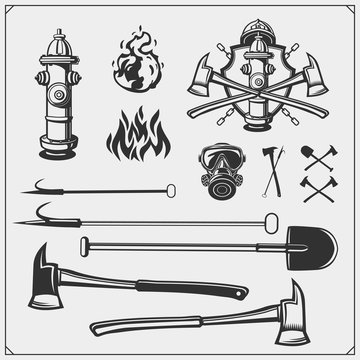 Set with firefighters equipment. Vector monochrome illustration.