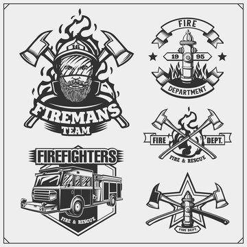 Set of firefighter emblems, labels and design elements. Vector monochrome illustration.