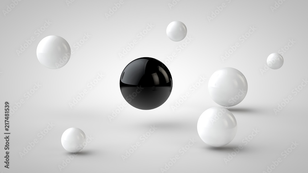 Poster the image of groups of balls with different depth of field, white drop shadow, and randomly located 