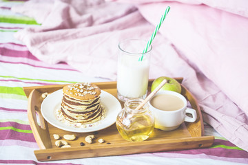 useful breakfast in bed Pancake Milk Coffee Apple
