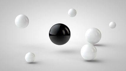the image of groups of balls with different depth of field, white drop shadow, and randomly located in space, and one black ball in the center, on a white background. 3D rendering.