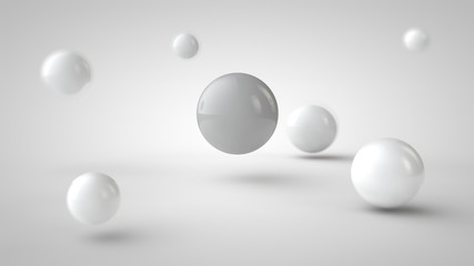 the image of the group of balls of the white drop-shadow, and randomly located in space, on a white background. 3D rendering.