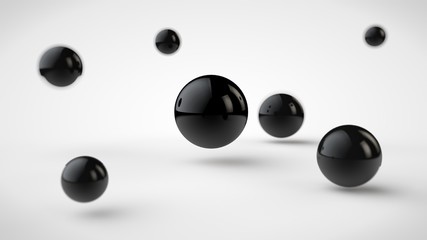 the image of groups of balls with different depth of field, black drop-shadow, and randomly located in space, and one black, a large ball in the center, on a white background. 3D rendering.