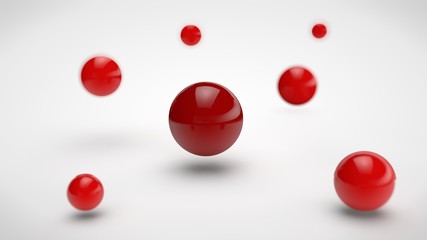 the image of groups of balls with different depth of field, red drop-shadow and are randomly located in space, and one red, big ball in the center, on a white background. 3D rendering.