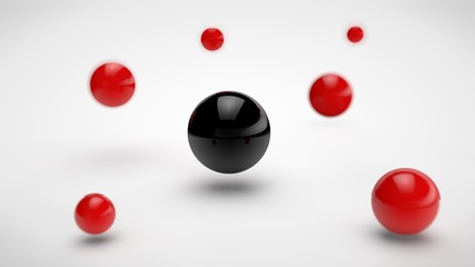 the image of groups of balls with different depth of field, red drop-shadow and are randomly located in space, and one black, a large ball in the center, on a white background. 3D rendering.