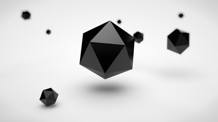 the image of the array of polyhedra in the space, with different depth of field, black, and a single polyhedron of black in the center, on a white background. 3D rendering