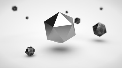 the image of the array of polyhedra in the space, with different depth of field, of metal, and one of the polyhedron silver color in the center, on a white background. 3D rendering