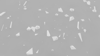 abstract image of different white scattered geometric shapes on a gray background, the symbol of chaos and disorder. 3D rendering