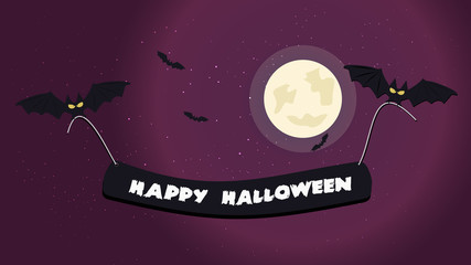 Halloween night background picture with flying bats holding a happy halloween text, Vector elements for banner, greeting card halloween celebration, halloween party poster.