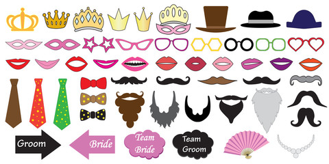 Photo booth props for weddings. Illustrations of accessories such as hats, glasses, masks, crowns, lips and moustaches and etc. © nosyrevy