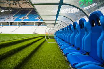 Blue bench or seat or chair of staff coach in the stadium of football