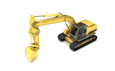 Massive powerful concept. Hydraulic Excavator with bucket. 3d illustration. High angle view. Front side view. Isolated on white background