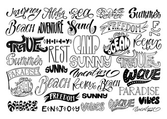 Obraz premium Vector set, lettering calligraphy. Wave, happy, holiday, beach, rest, sand, sea, vibes, paradise, enjoy, summer, ocean, travel, relax, aloha, vacation, sunny, camp, freedom, journey, adventure, fun.
