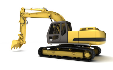 Hydraulic Excavator with bucket. 3d illustration. Rear side view. Wide angle. Isolated on white background