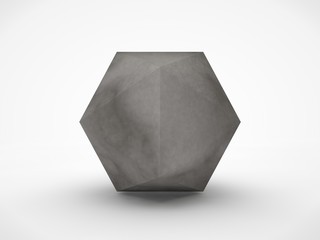 The image of the stone polyhedra, with rough, grey surface. A symbol of firmness and principle. 3D rendering on white background.