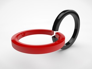 An image of a red and black rings, standing perpendicular to each other. The idea of the Union. 3D rendering on white background.