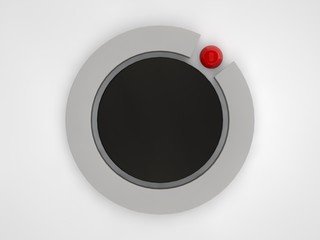 The image of a black puck, the button in the center of a white ring. Attracts attention. 3D rendering on white background.