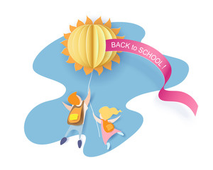 Back to school 1 september card with kids, leaves and sun on blue sky background. Vector illustration. Paper cut and craft style.