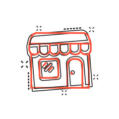 Vector cartoon store market icon in comic style. Shop building sign illustration pictogram. Mall business splash effect concept.