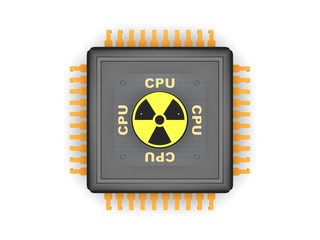 The image of black CPU, gold contact, radiation symbol, the platinum text symbol multi-core CPU, speed, strength and power. On white background, 3D rendering