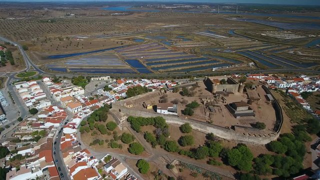 Aerial. The village of Castro Marim and the castle, filmed from the sky drone.