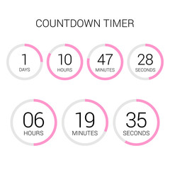 Circle countdown clock counter timer on white. Vector time remaining count down round indicator scoreboard of day, hour, minutes and seconds. Can be used for web page upcoming event template design.