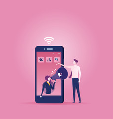 Businesswoman inside of a smart phone (mobile phone) with megaphone
