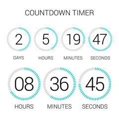 Circle countdown clock counter timer on white. Vector time remaining count down round indicator scoreboard of day, hour, minutes and seconds. Can be used for web page upcoming event template design.