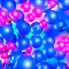 red and blue three-dimensional spheres. neon glow. abstract background. 3D rendering
