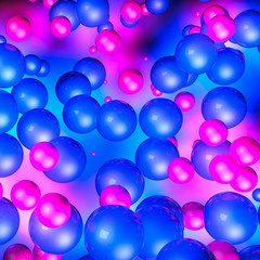 red and blue three-dimensional spheres. neon glow. abstract background. 3D rendering