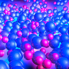 red and blue three-dimensional spheres. neon glow. abstract background. 3D rendering