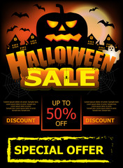 Halloween Sale template poster or banner with pumpkin. Vertical background with ghost, castle and bats. Vector illustration.