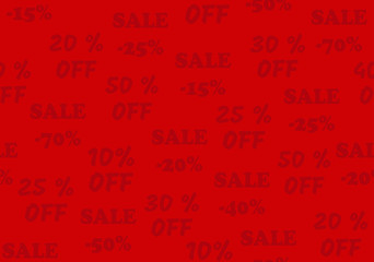Advertising design. Seamless red background with promotional offers, seasonal and holiday sale. Pattern for wrapping paper, bag, wallpaper, other promotional products. Different discount percentages.