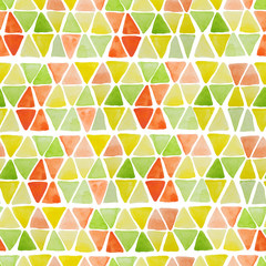 Geometric seamless pattern with hand drawn watercolor squares and triangles. Modern colorful mosaic abstract background with triangles, rhombus, squares.